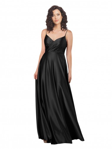 Buy V-Neck Long Silky Satin Black A-Line Sleeveless Evening Dress UK