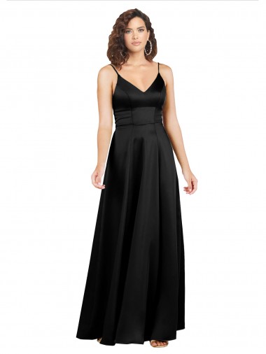 Buy V-Neck Long Silky Satin Black A-Line Sleeveless Formal Evening Dress UK