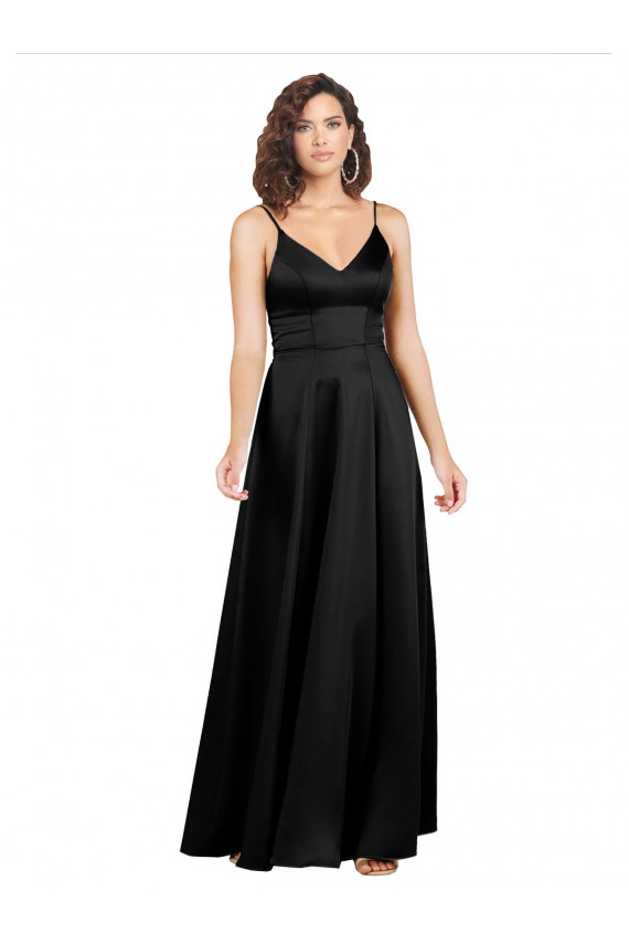 Buy V-Neck Long Silky Satin Black A-Line Sleeveless Formal Evening Dress UK