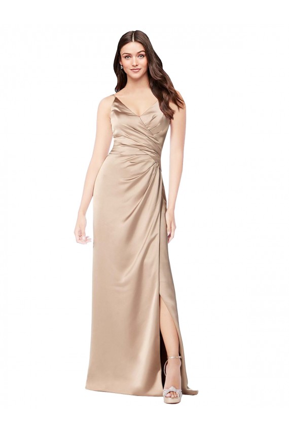 Buy V-Neck Long Silky Satin Champagne Pink Sleeveless Formal Evening Dress UK