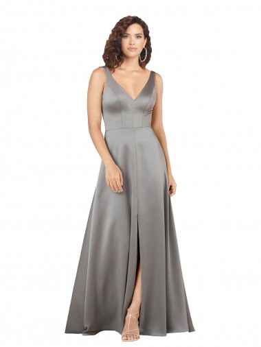 Buy V-Neck Long Silky Satin Pearl Grey Sleeveless Formal Evening Dress UK