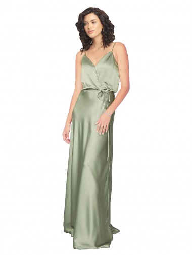 Buy V-Neck Long Silky Satin Smoke Green Sleeveless Formal Evening Dress UK