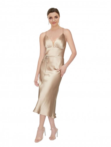 Buy V-Neck Midi Length Silky Satin Sleeveless Formal Evening Dress UK