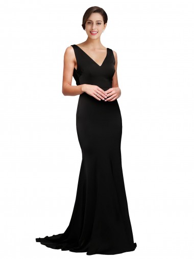 Buy V-Neck Sweep Train Silky Satin Black Sleeveless Formal Evening Dress UK