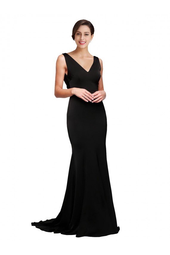 Buy V-Neck Sweep Train Silky Satin Black Sleeveless Formal Evening Dress UK