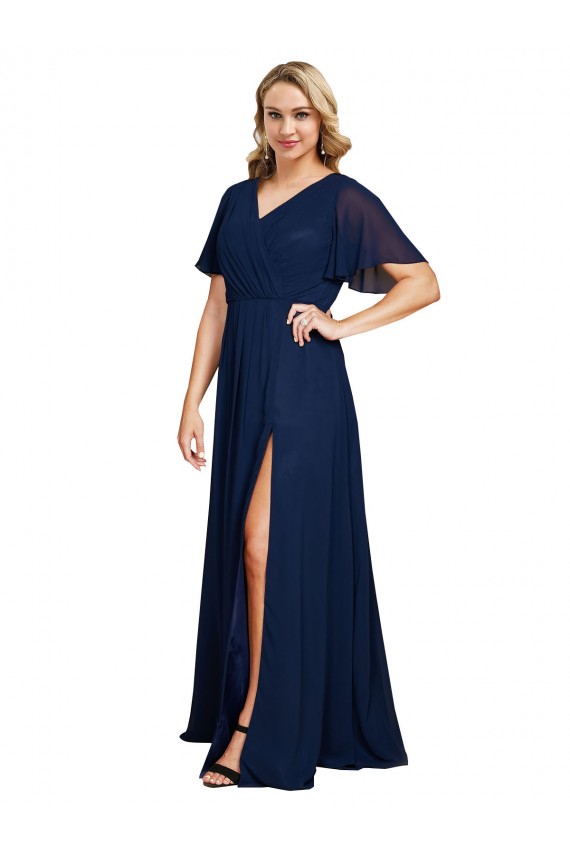 Buy V-Neck Long Soft Chiffon Dark Navy Short Flutter Sleeves Plus Size Formal Evening Dress UK