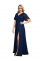 Buy V-Neck Long Soft Chiffon Dark Navy Short Flutter Sleeves Plus Size Formal Evening Dress UK