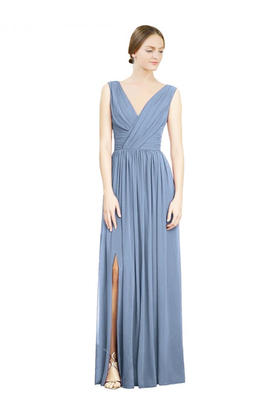 Buy V-Neck Long Soft Chiffon Dusty Blue Sleeveless Semi Formal Evening Dress UK
