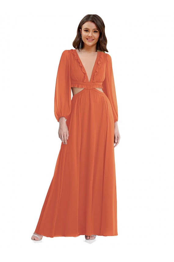 Buy V-Neck Long Soft Chiffon Firecracker Long Sleeves High Low Evening Dress UK