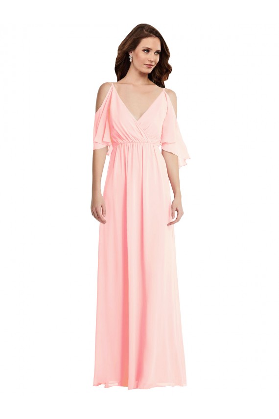 Buy V-Neck Long Soft Chiffon Pink Cold Shoulder Semi Formal Evening Dress UK