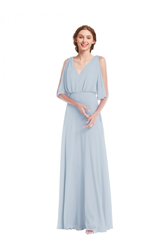 Buy V-Neck Long Soft Chiffon Sea Glass Half Sleeves Evening Dress UK