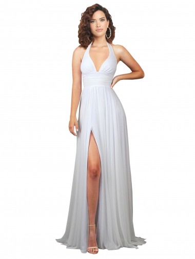Buy V-Neck Sweep Train Soft Chiffon White Sleeveless Semi Formal Evening Dress UK