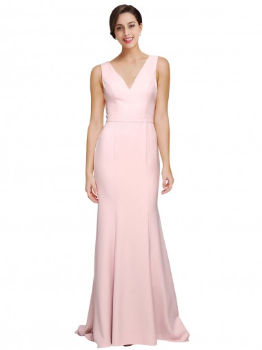 Buy V-Neck Sweep Train Stretch Crepe Pink Sleeveless Semi Formal Evening Dress UK