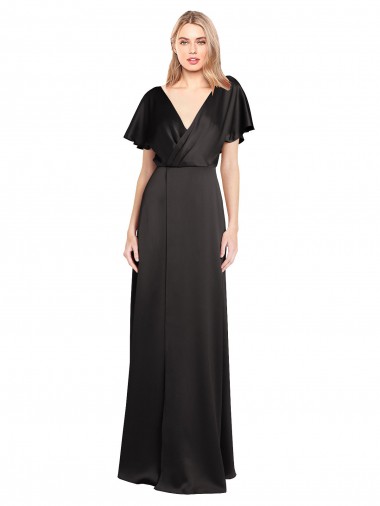Buy V-Neck Long Stretch Satin Black Cap Sleeves Evening Dress UK