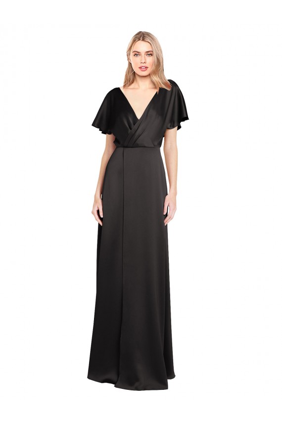 Buy V-Neck Long Stretch Satin Black Cap Sleeves Evening Dress UK