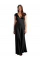 Buy V-Neck Long Stretch Satin Black Cap Sleeves Formal Evening Dress UK
