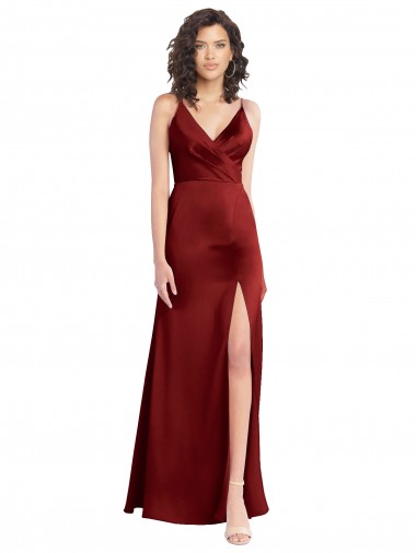 Buy V-Neck Long Stretch Satin Burgundy Sleeveless Evening Dress UK