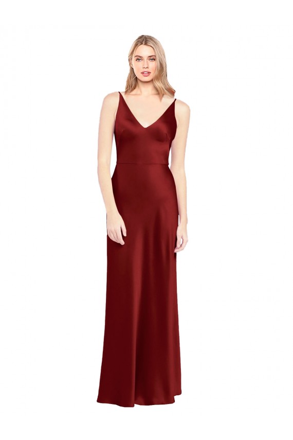 Buy V-Neck Long Stretch Satin Burgundy Sleeveless Formal Evening Dress UK