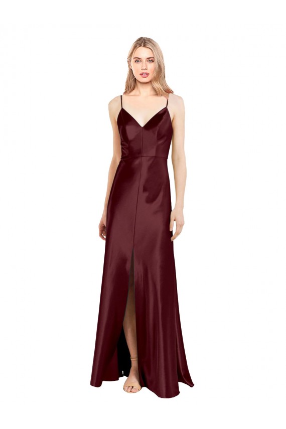Buy V-Neck Long Stretch Satin Burgundy Gold Sleeveless Evening Dress UK