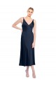 Buy V-Neck Midi Length Stretch Satin Dark Navy Sleeveless Formal Evening Dress UK