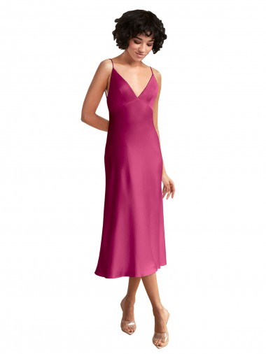 Buy V-Neck Midi Length Stretch Satin Fuchsia Sleeveless Formal Evening Dress UK