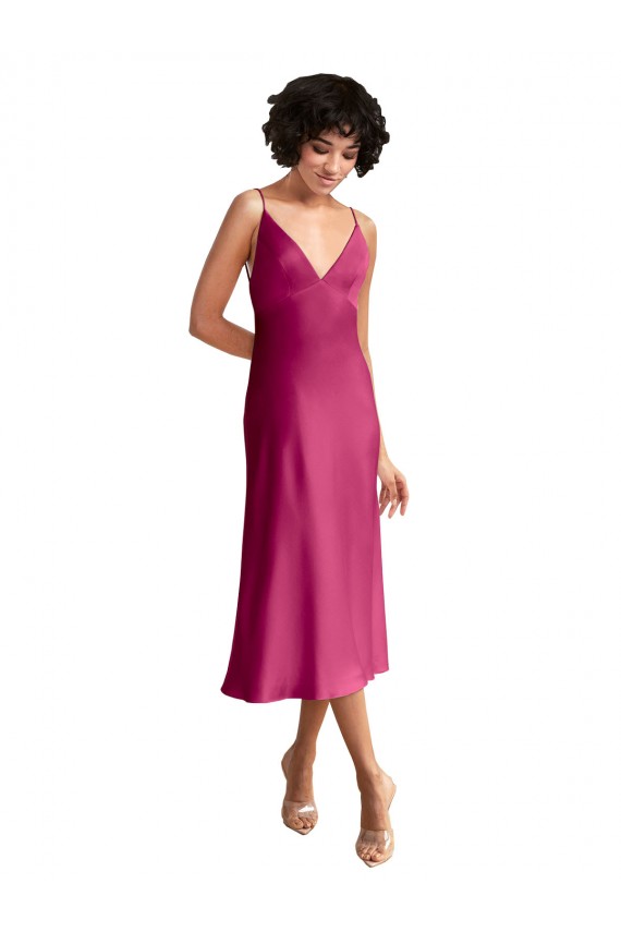 Buy V-Neck Midi Length Stretch Satin Fuchsia Sleeveless Formal Evening Dress UK
