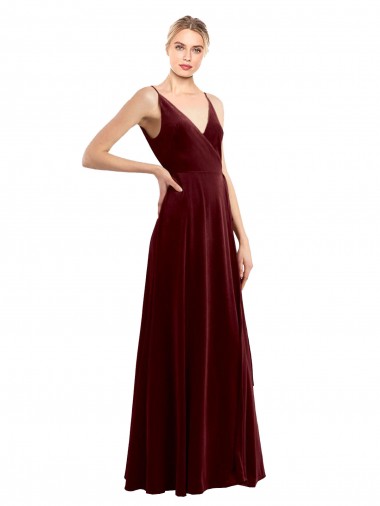 Buy V-Neck Long Stretch Velvet Burgundy Sleeveless Evening Dress UK