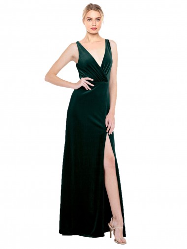 Buy V-Neck Long Stretch Velvet Dark Green Sleeveless Black Tie Evening Dress UK