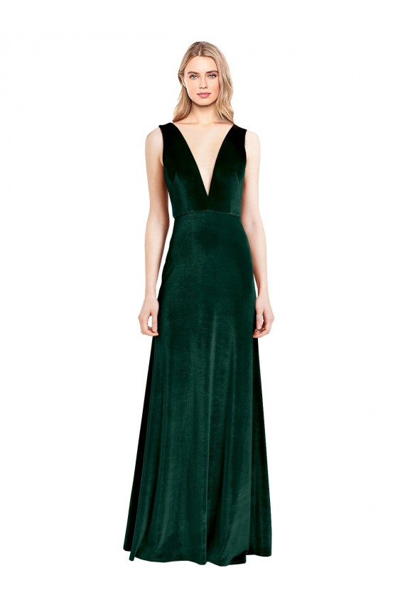 Buy V-Neck Long Stretch Velvet Dark Green Sleeveless Evening Dress UK