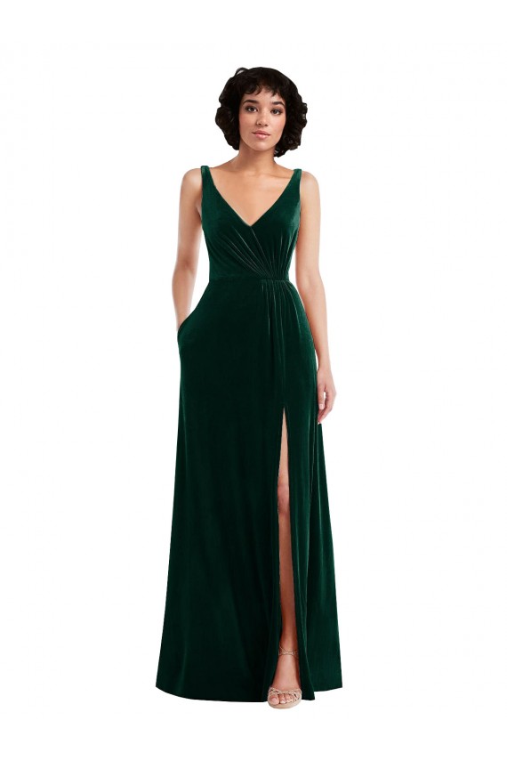Buy V-Neck Long Stretch Velvet Dark Green Sleeveless Evening Gowns UK