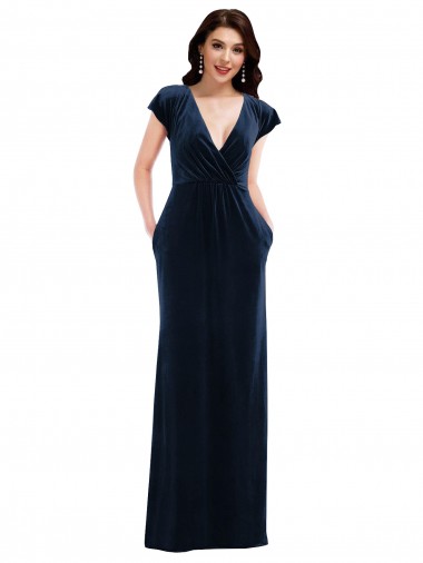 Buy V-Neck Long Stretch Velvet Dark Navy Flutter Sleeves Evening Dress UK
