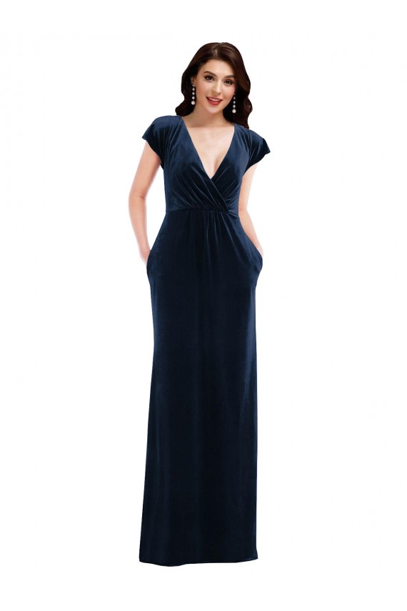 Buy V-Neck Long Stretch Velvet Dark Navy Flutter Sleeves Evening Dress UK