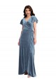 Buy V-Neck Long Stretch Velvet Dusty Blue Flutter Sleeves Black Tie Evening Dress UK