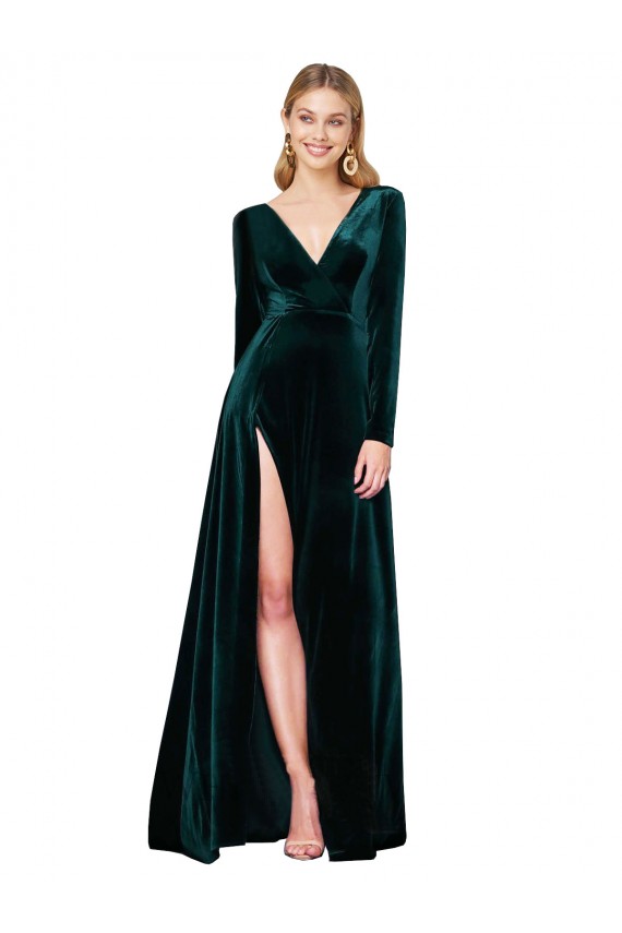 Buy V-Neck Sweep Train Stretch Velvet Dark Green Long Sleeves Black Tie Evening Dress UK