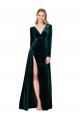 Buy V-Neck Sweep Train Stretch Velvet Dark Green Long Sleeves Black Tie Evening Dress UK