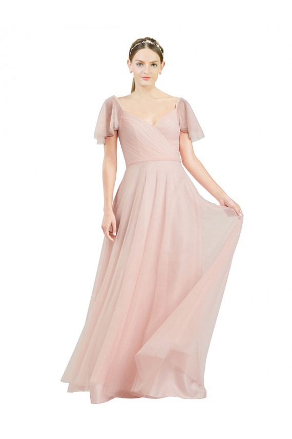 Buy V-Neck Long Tulle Pink Flutter Sleeves Evening Dress UK
