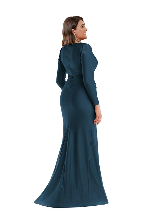 Buy V-Neck Long Silky Satin Atlantic Blue Long Sleeves Plus Size Formal Evening Dress UK