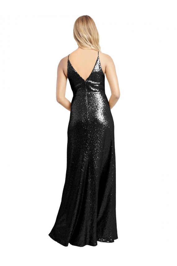 Buy V-Neck Long Sequin Black Sleeveless Formal Evening Dress UK