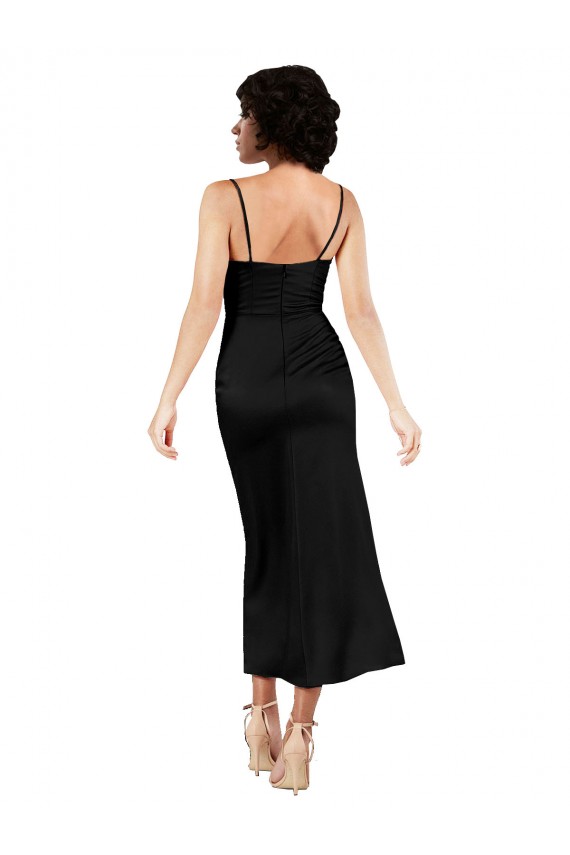 Buy Cowl Neck Tea Length Silky Satin Black Sleeveless Formal Evening Dress UK