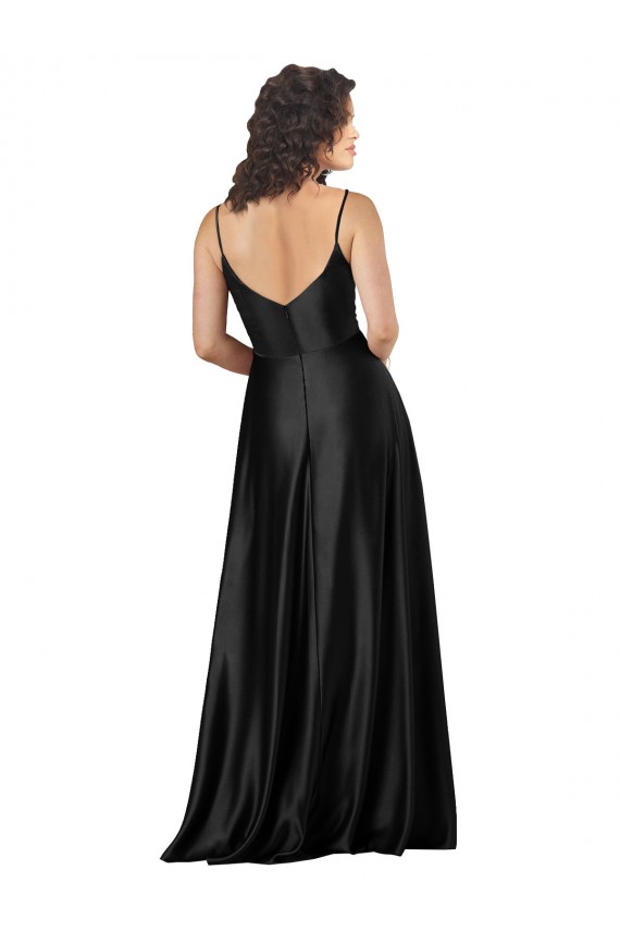Buy V-Neck Long Silky Satin Black A-Line Sleeveless Evening Dress UK