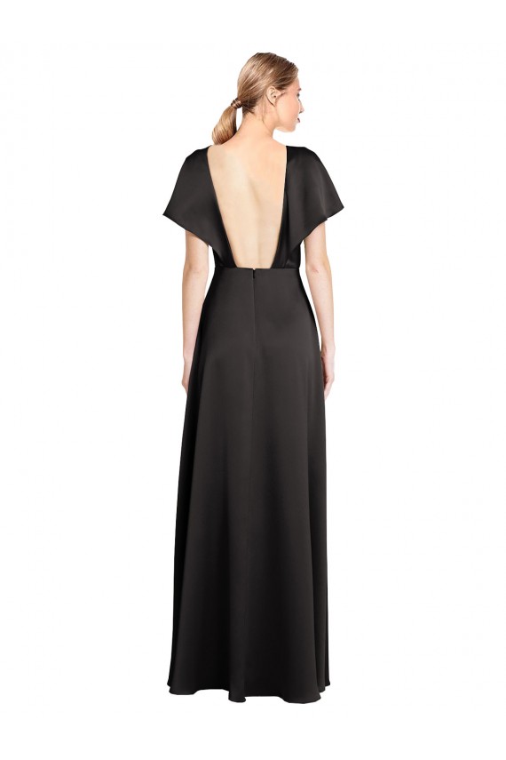Buy V-Neck Long Stretch Satin Black Cap Sleeves Evening Dress UK