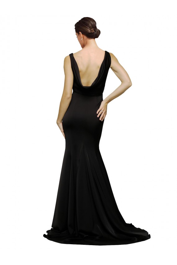 Buy V-Neck Sweep Train Silky Satin Black Sleeveless Formal Evening Dress UK