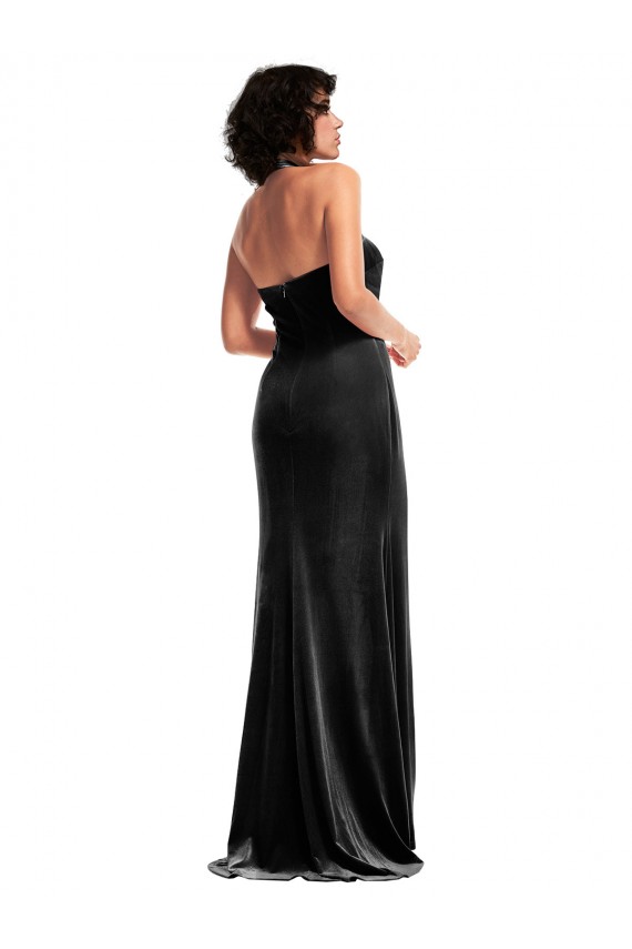 Buy Halter Neck Long Stretch Velvet Black Sleeveless Formal Evening Dress UK