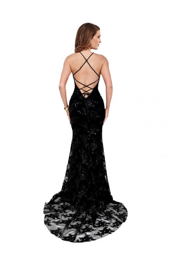 Buy High Neck Long Lace Black Sleeveless Black Tie Evening Dress UK