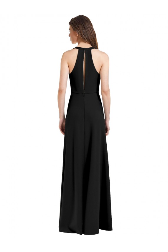 Buy High Neck Long Stretch Crepe Black Sheath Sleeveless Formal Evening Dress UK