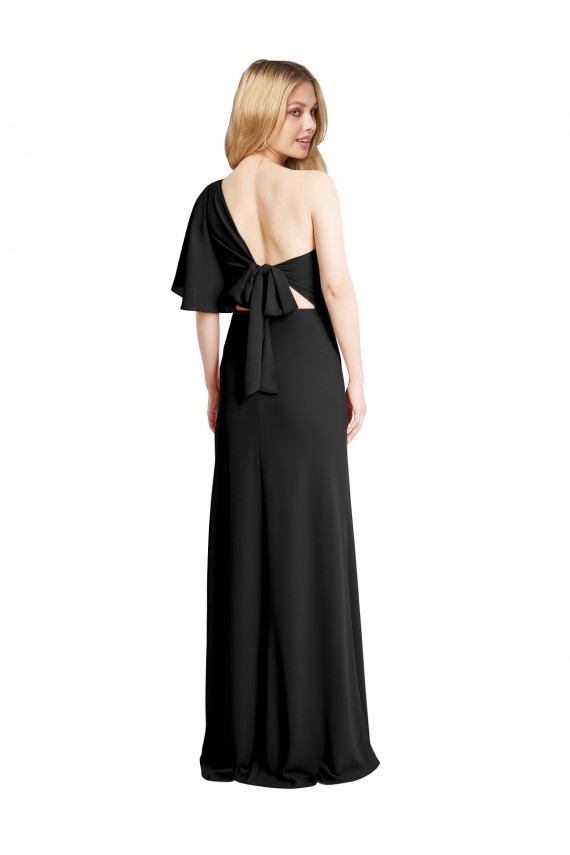Buy One Shoulder Long Stretch Crepe Black Flutter Sleeves Formal Evening Dress UK
