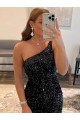 Buy One Shoulder Short Velvet Sequin Black Sleeveless Evening Dress UK