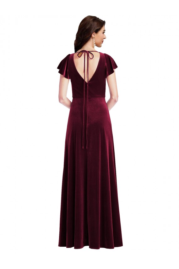 Buy V-Neck Long Stretch Velvet Burgundy Flutter Sleeves Semi Formal Evening Dress UK