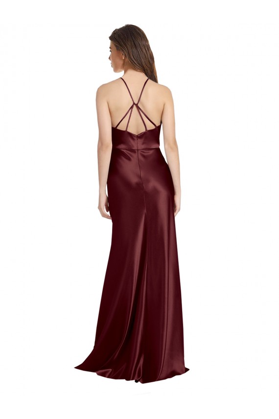 Buy V-Neck Long Stretch Satin Burgundy Gold Sleeveless Formal Evening Dress UK