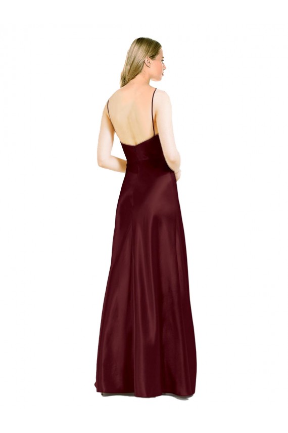 Buy V-Neck Long Stretch Satin Burgundy Gold Sleeveless Evening Dress UK